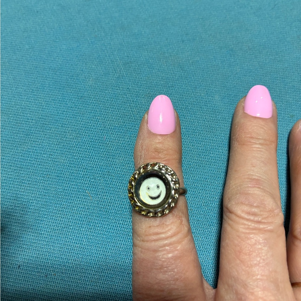 Gold-Tone Smiley Face Button Ring in Pink Accent
